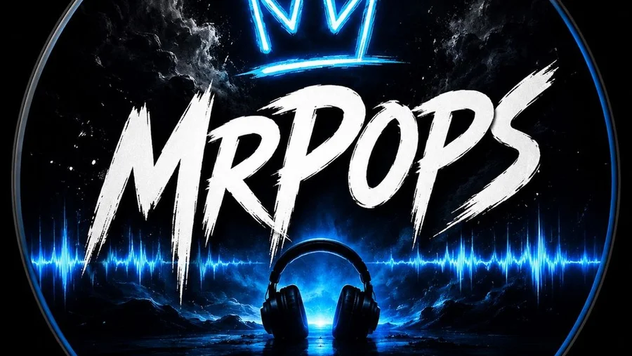 Logo original de MrPops con corona azul, letras blancas, onda eléctrica y auriculares
